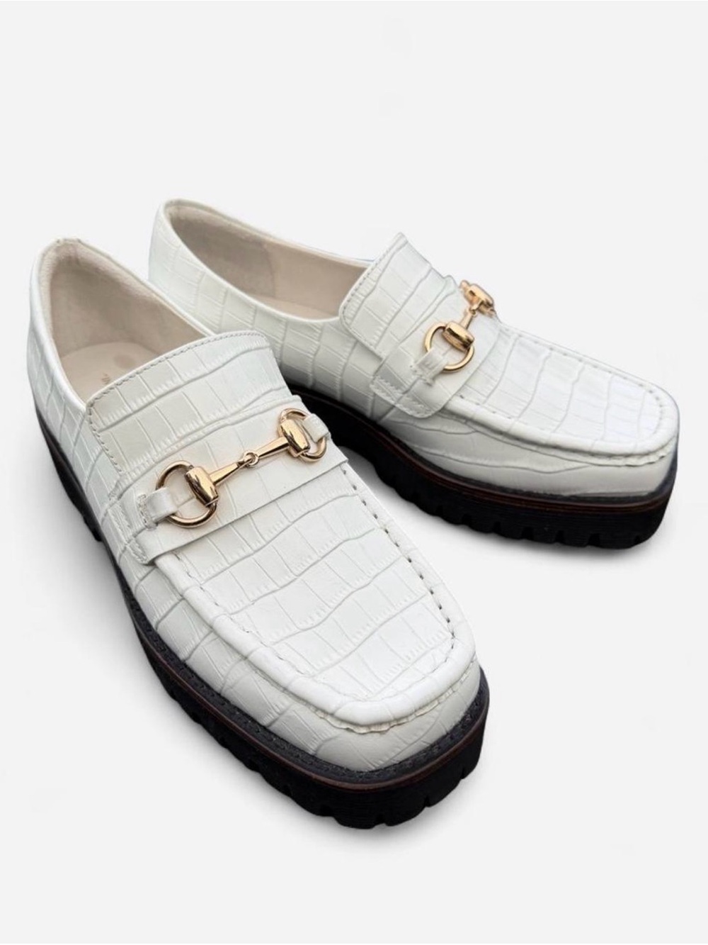 INTENTIONALLY BLANK White Croc-Embossed Loafers with Gold Bit